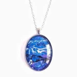 Blue black purple acrylic paint pour skin oval pendant on silver necklace